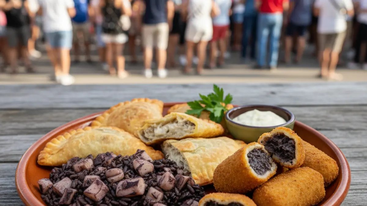 Imaxe dun prato de choco preparado de diversas formas nunha festa gastronómica.