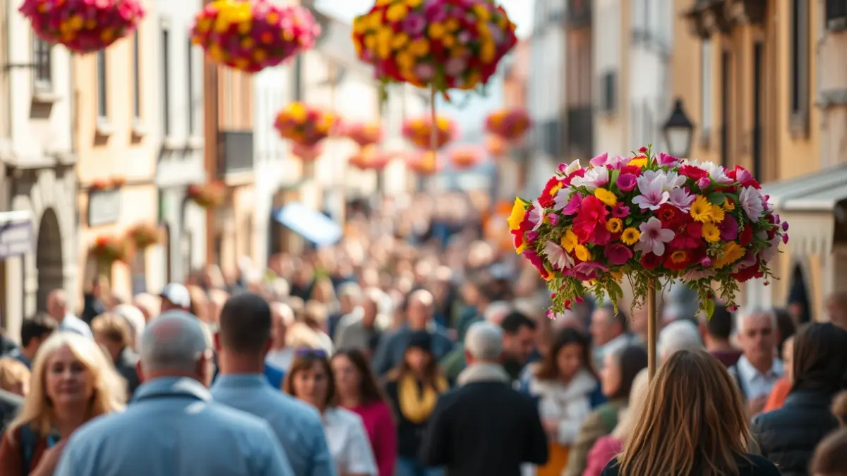 Imagen genérica de una fiesta tradicional de primavera con decoración floral y gente.