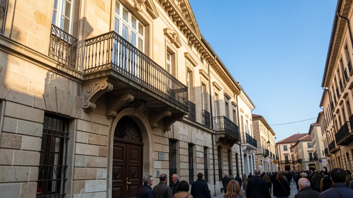Imagen genérica de un ayuntamiento de piedra gallego con balcón ornamentado y cielo azul.
