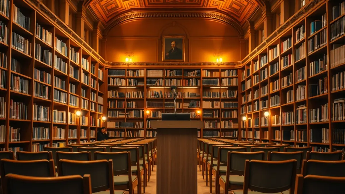 Imaxe xenérica dunha biblioteca ou sala de actos con estantes de madeira e un podio con micrófono.