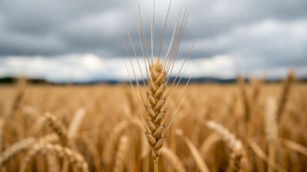 Eixe de trigo solitario sobre un fondo de campos dourados nubrados, representando as dificultades e a resiliencia agrícola en Galicia.