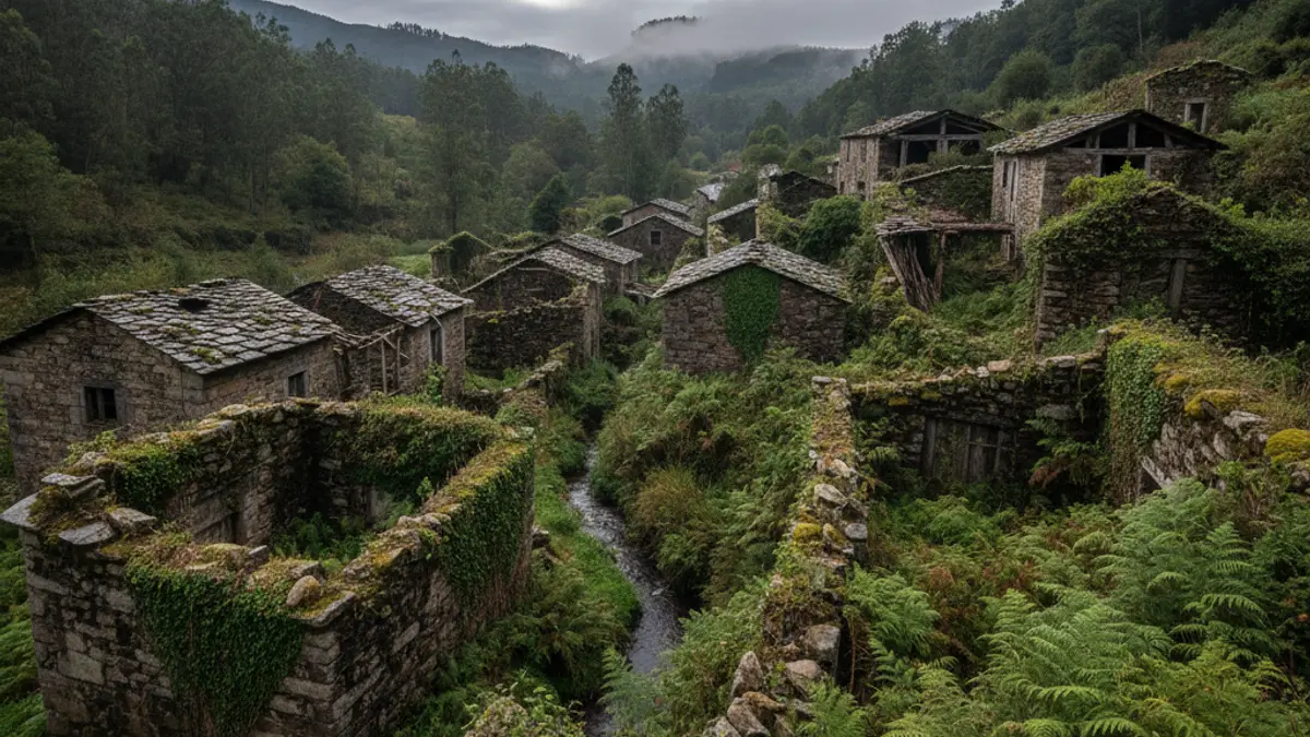 Imaxe dunha aldea abandonada en Galicia.