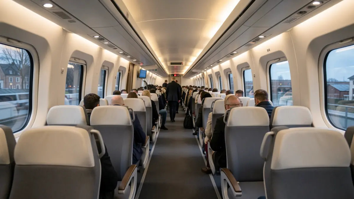 Imaxe xenérica de interiores dun tren de alta velocidade baleiro.
