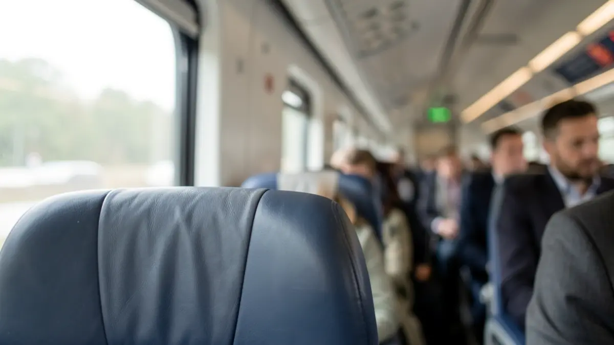 Imaxe dun repousacabezas nun tren de Renfe con interior desenfocado.