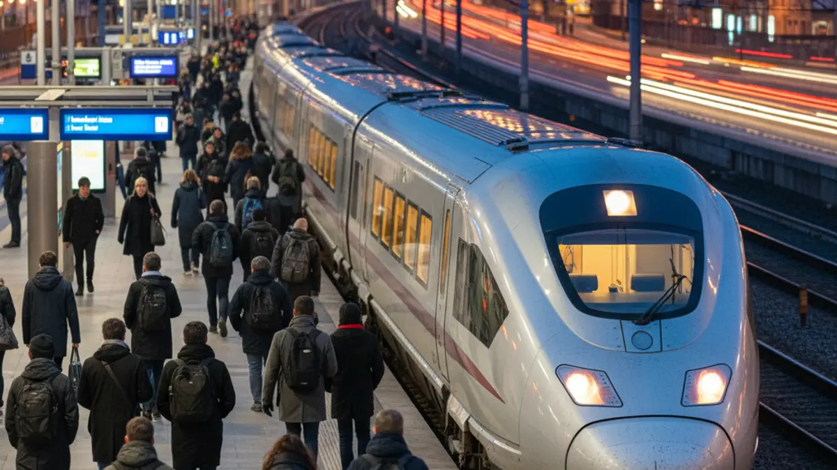 Imaxe xenérica dunha estación de tren ao anoitecer.
