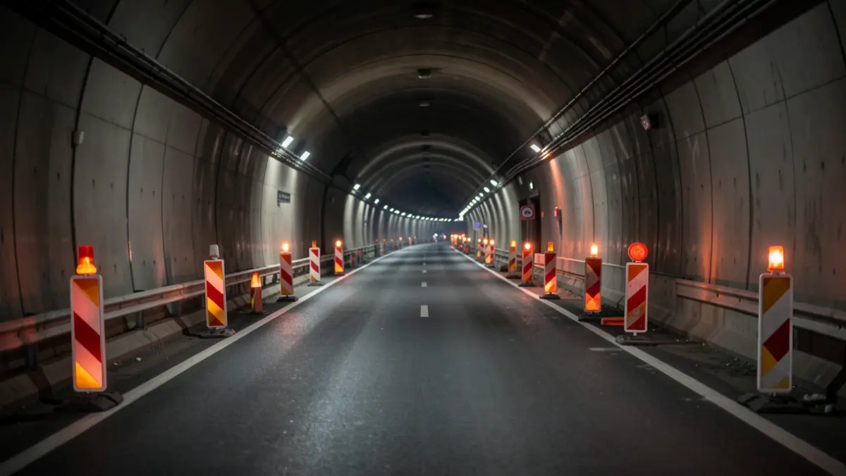 Imaxe xenérica de obras nun túnel de estrada con barreiras e luces de advertencia.