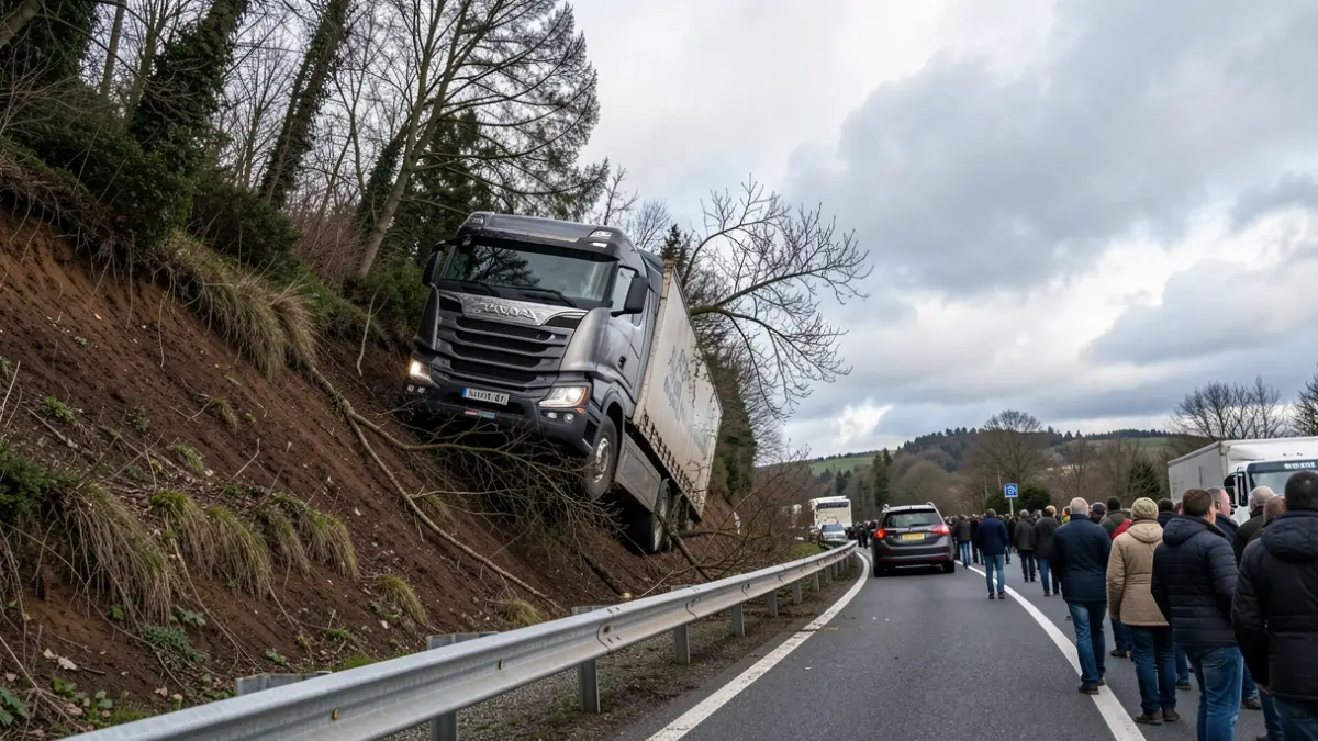 Imaxe dun camión envorcado nun terraplén na estrada AG-64, con árbores que frearon a súa caída.