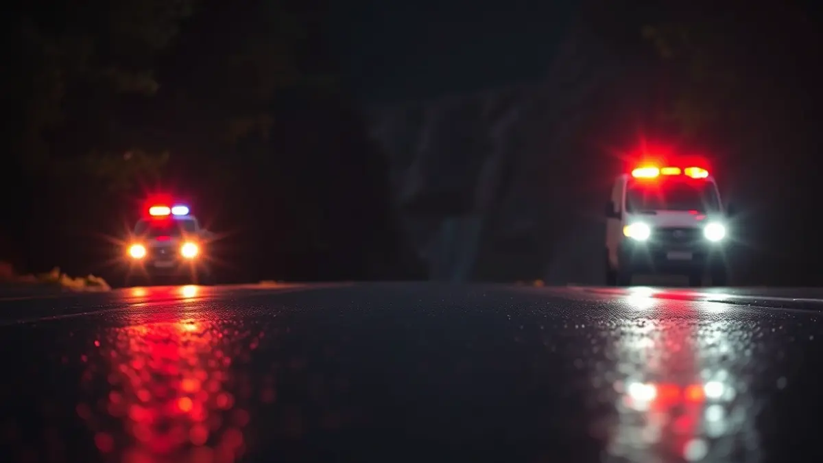 Imaxe xenérica de luces de emerxencia nunha estrada mollada pola noite, con árbores e un barranco ao fondo.
