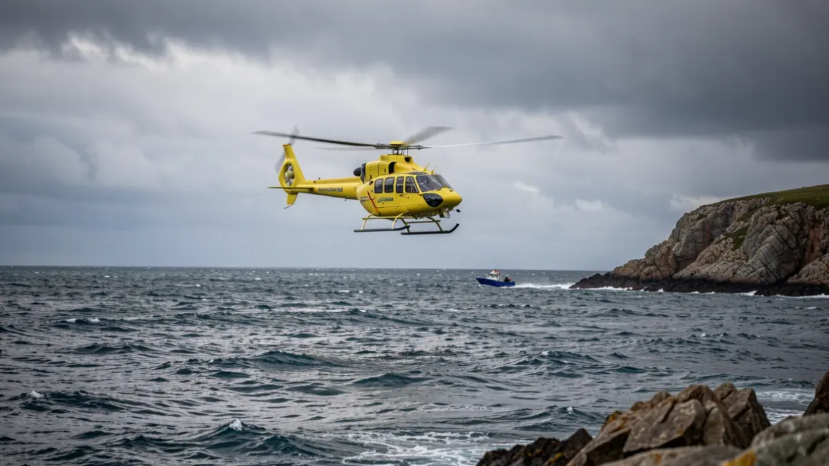 Imagen genérica de un helicóptero de rescate sobre el mar cerca de una costa rocosa.