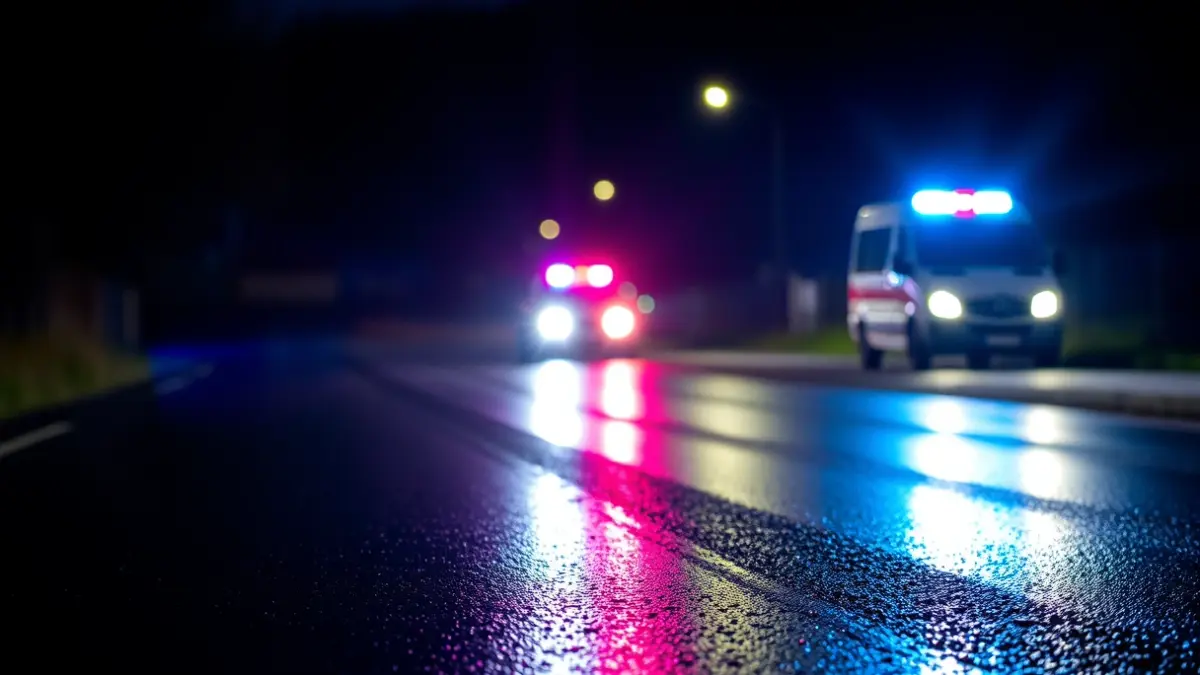 Imagen genérica de luces de emergencia reflejándose sobre asfalto mojado por la noche.