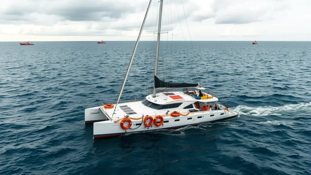 Imaxe dun catamarán á deriva no mar.