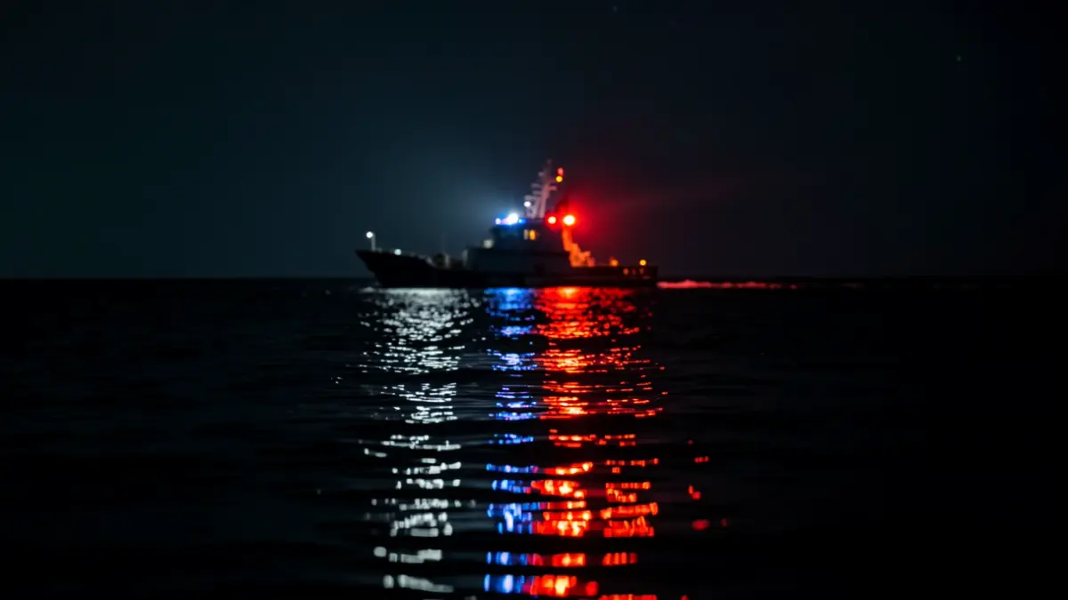 Imagen de un operativo de rescate marítimo nocturno con luces de emergencia sobre el agua.