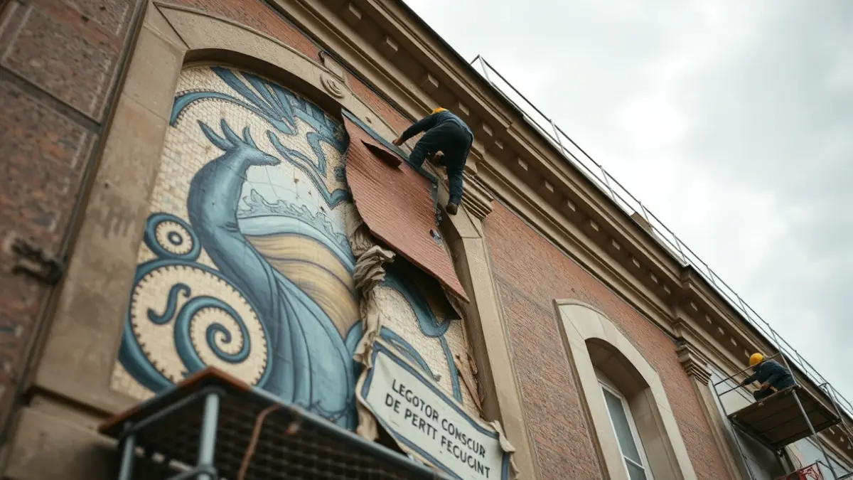 Operarios retirando un mural cerámico dunha fachada.