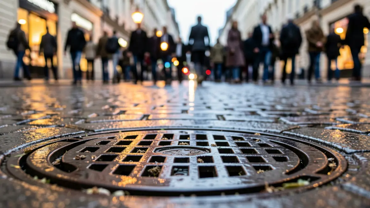 Imaxe xenérica dunha tapa de sumidoiro urbana con luces da rúa molladas.