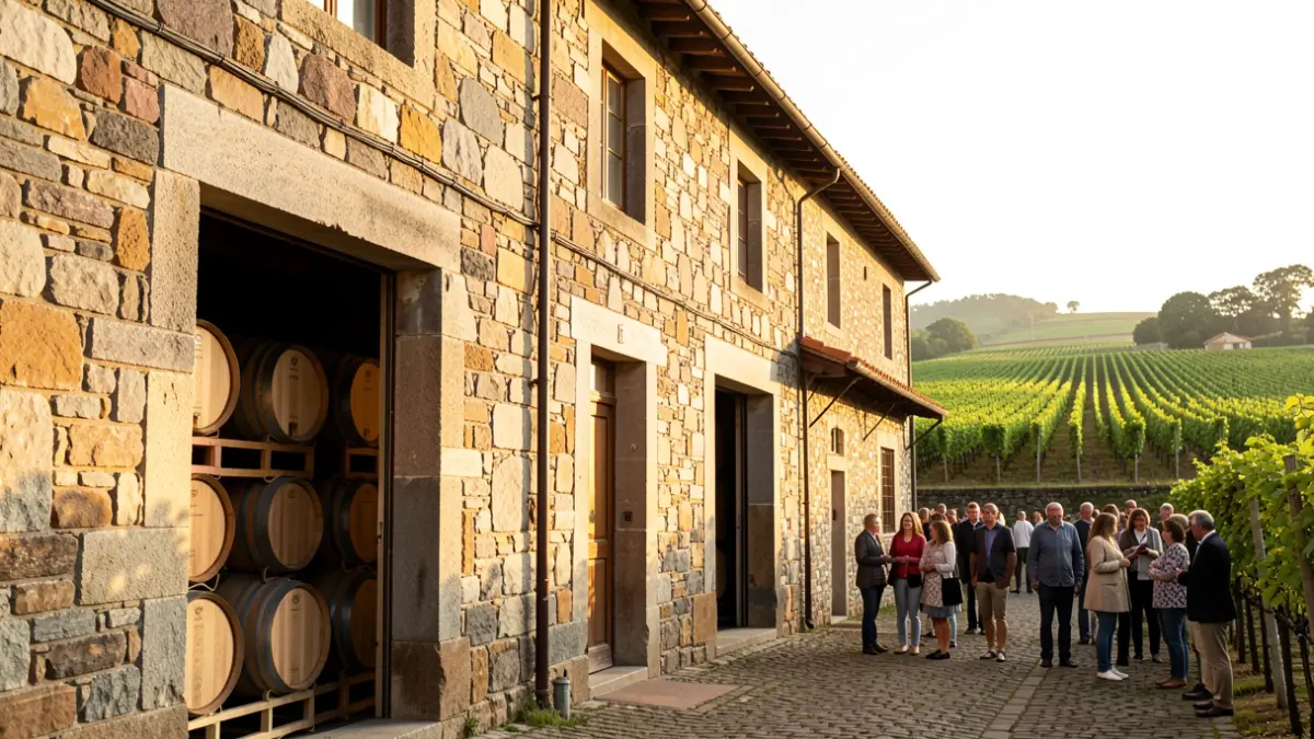 Imaxe xenérica dunha adega tradicional galega con viñedos.