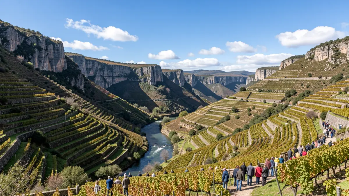 Imagen panorámica de la Ribeira Sacra gallega, con bancales de viñedos que descienden hacia el río.
