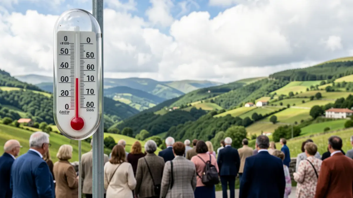 Imaxe xenérica dun termómetro mostrando alta temperatura nun día soleado en Galicia.
