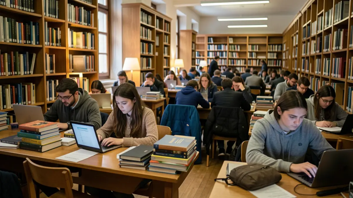 Imaxe xenérica de estudantes concentrados nunha biblioteca universitaria galega.