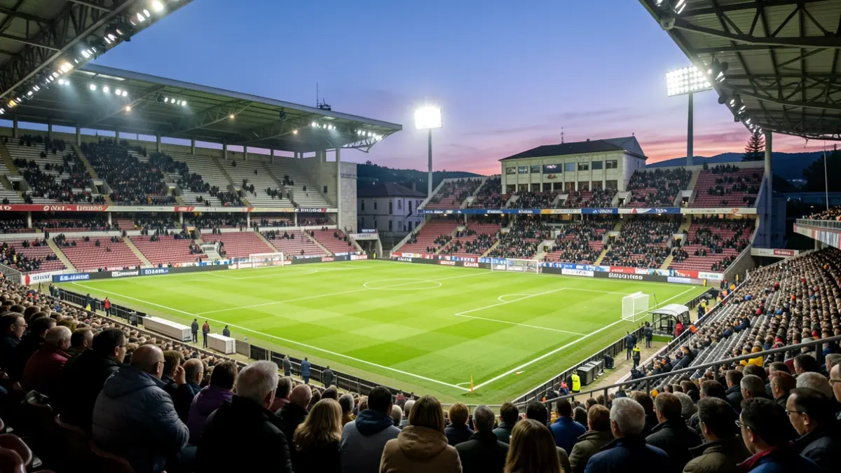Imagen genérica de un estadio de fútbol gallego al atardecer.
