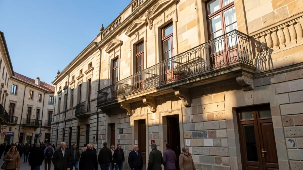 Imaxe xenérica dunha casa consistorial de granito galega con balcón ornamentado.