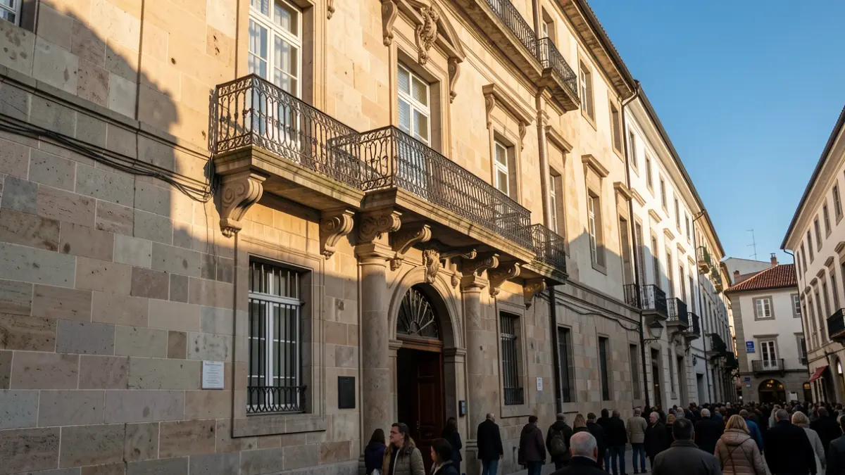 Imagen genérica de una fachada de ayuntamiento de piedra con balcón ornamentado y rejas de hierro, luz solar cálida de la tarde proyectando sombras en las paredes de arenisca, cielo azul, estilo fotografía documental.