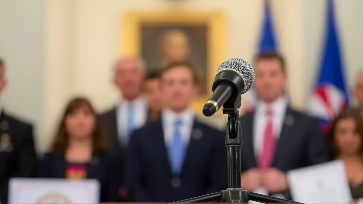 Imaxe xenérica dun micrófono nun podio, simbolizando unha declaración política.
