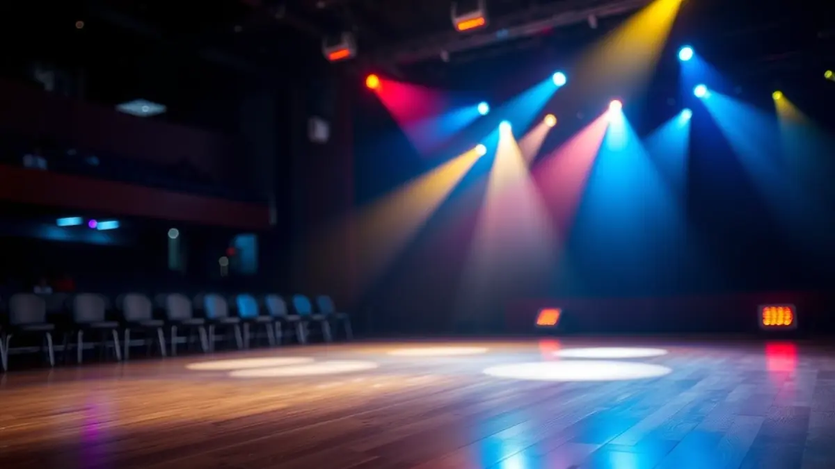 Imaxe xenérica dun escenario de baile con luces de cores e asentos de público difuminados.