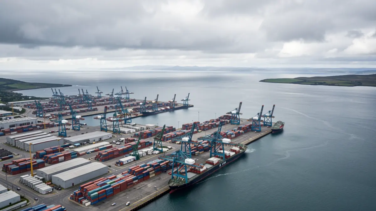 Vista aérea de una gran zona portuaria industrial en Galicia, con grúas, contenedores y una vasta extensión de agua, bajo un cielo atlántico nublado.
