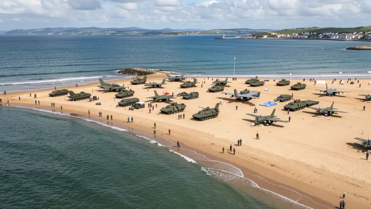 Imaxe aérea dunha exhibición militar na praia de Samil, Vigo, con vehículos e aeronaves.