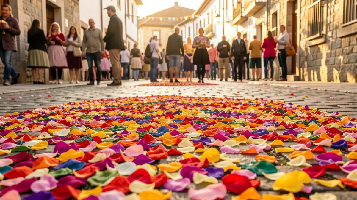 Imagen de una alfombra floral de colores en la calle durante una fiesta popular en San Amaro.