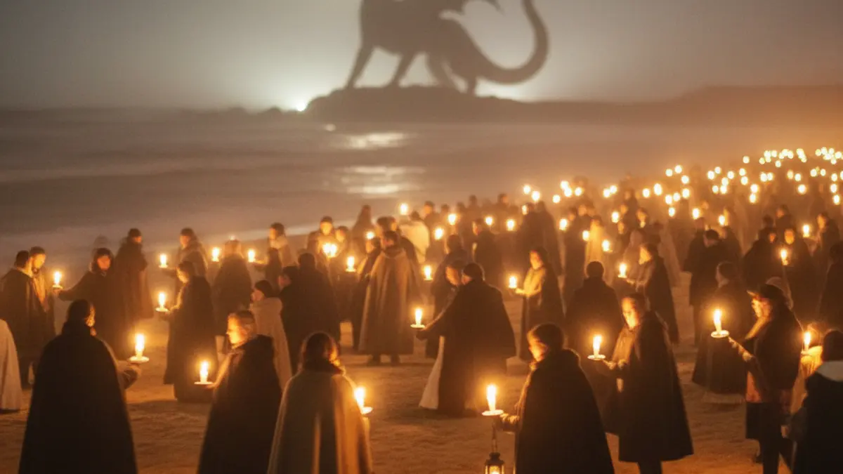 Imaxe dunha multitude borrosa con candeas e lanternas nunha praia de noite, con silueta dunha criatura mítica ao lonxe.