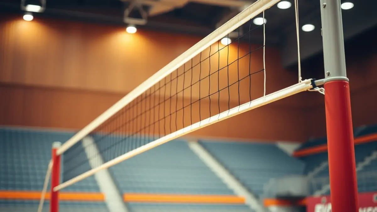 Imaxe xenérica dunha rede de voleibol nun pavillón deportivo.