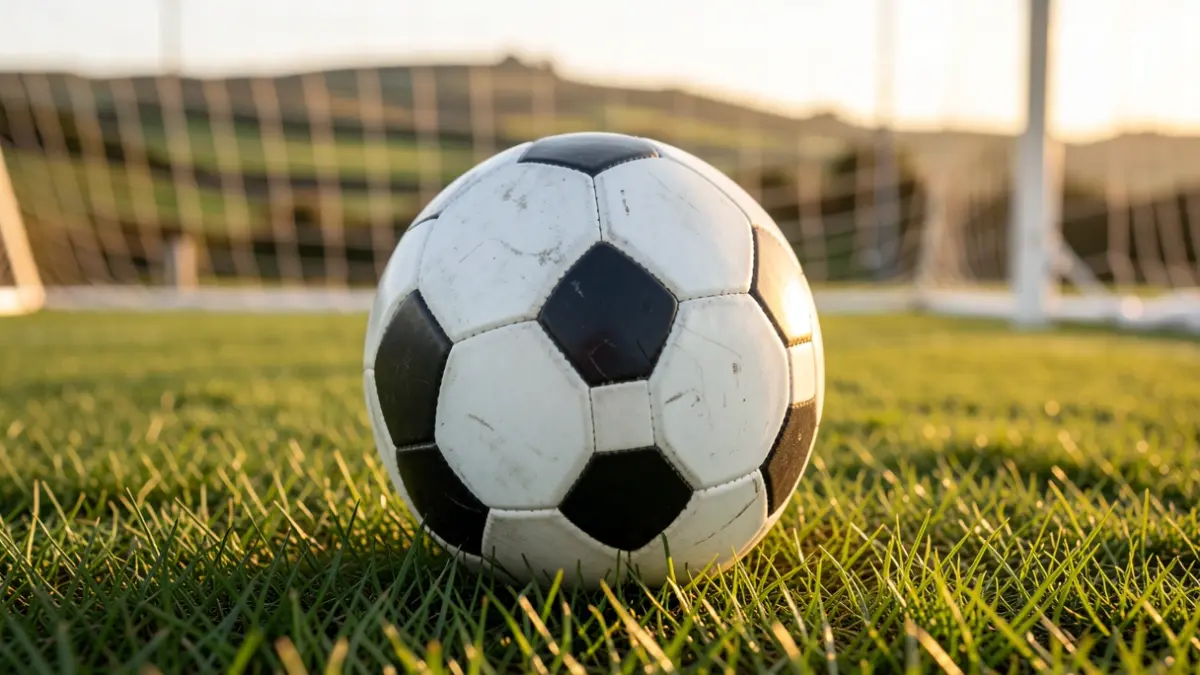 Imaxe xenérica dun balón de fútbol sobre herba con rede de fondo.