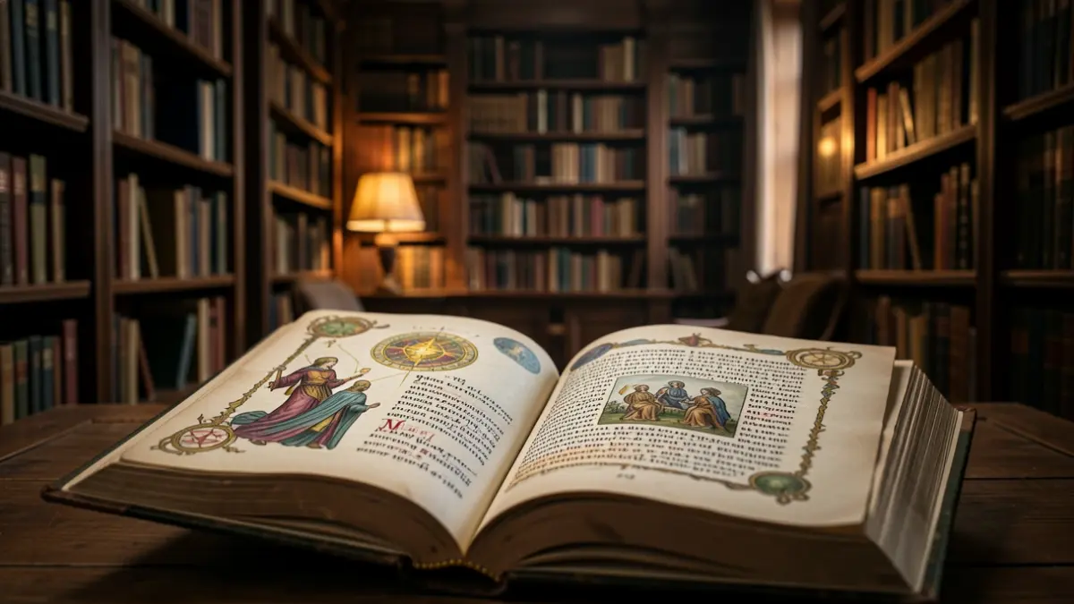Imaxe dun libro aberto con ilustracións máxicas e texto antigo nunha biblioteca con grandes andeis.