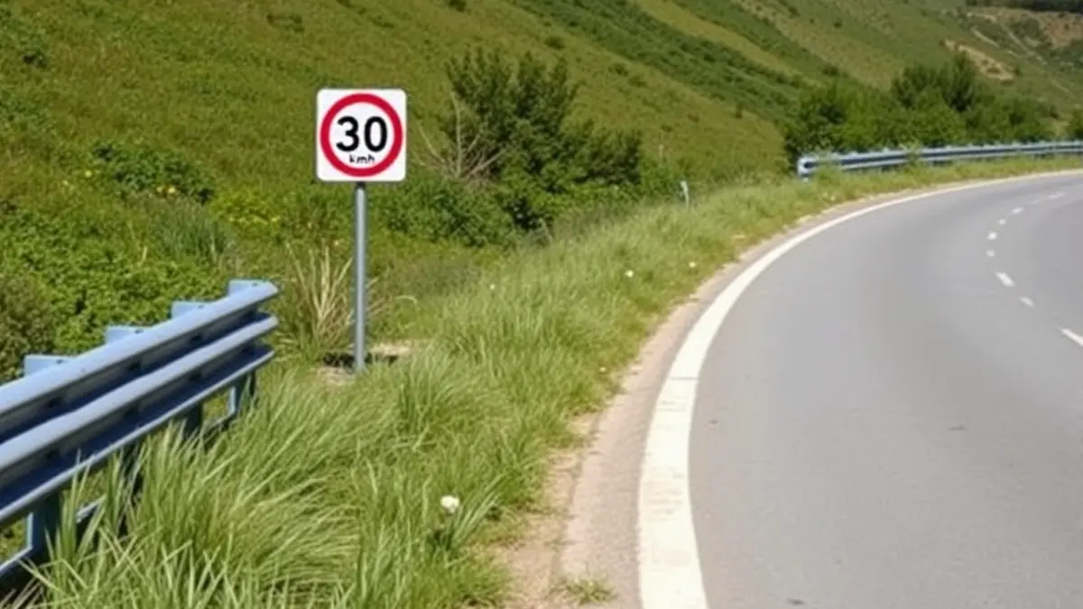 Imaxe xenérica dunha banda peonil azul nunha estrada con límite de velocidade.