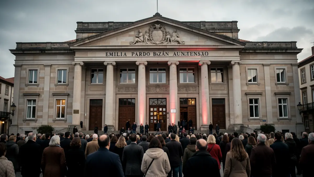 Fachada del Auditorio Emilia Pardo Bazán en Sanxenxo, Galicia, con iluminación cinematográfica.