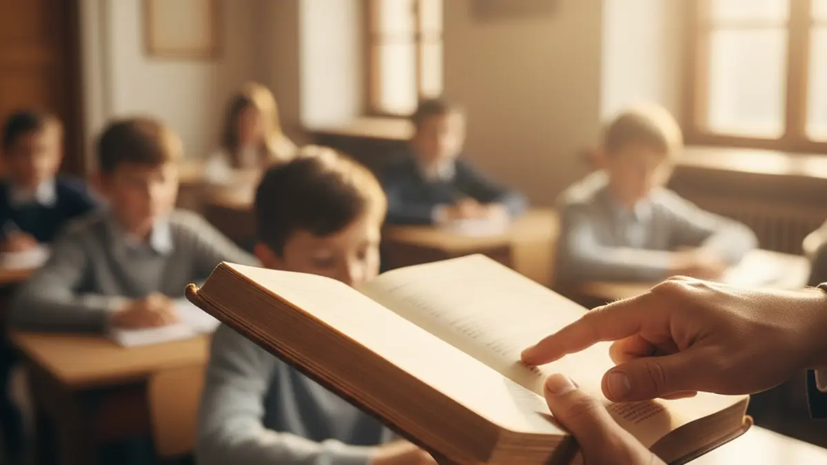 Imaxe xenérica de mans de profesor sostendo un libro nunha aula.