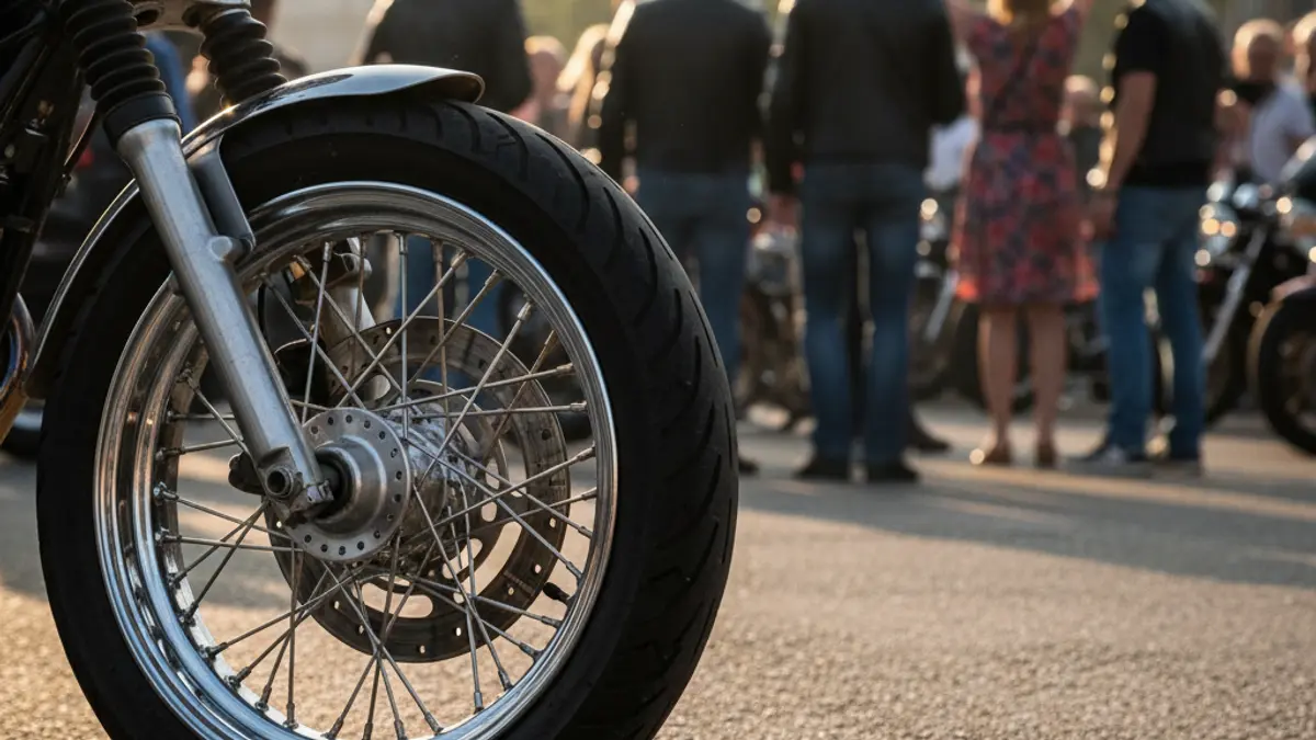 Imaxe xenérica dunha roda de motocicleta nun evento.