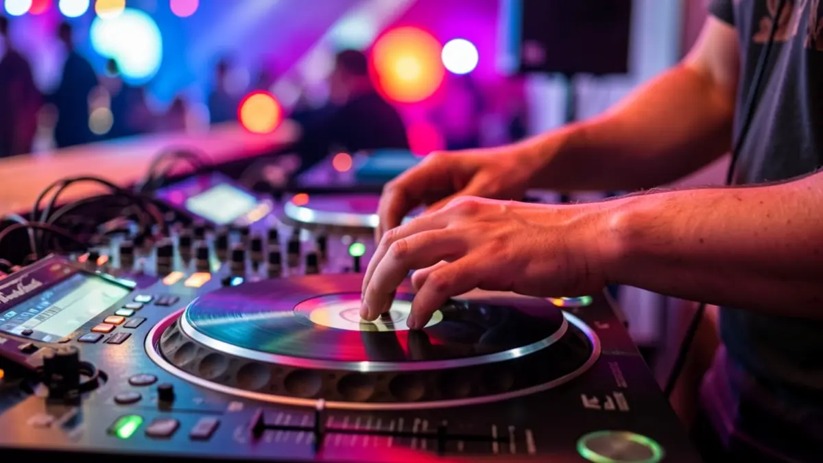 Imaxe xenérica de mans dun DJ nunha mesa de mezclas con luces de cores desenfocadas.