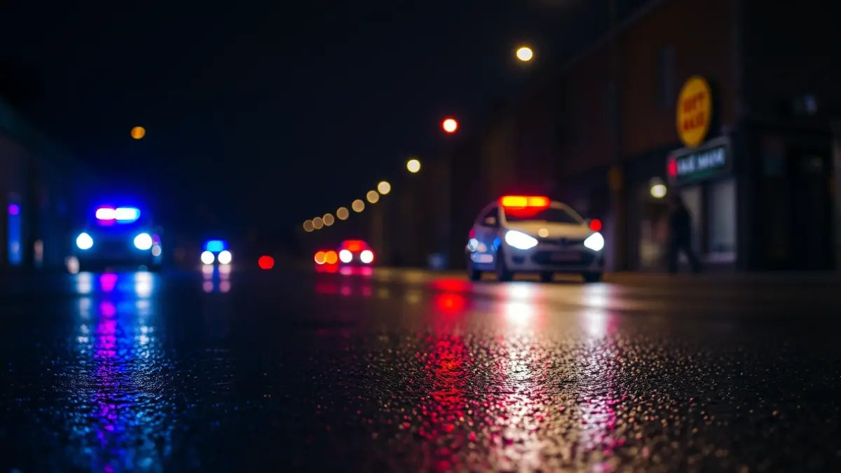 Imagen genérica de luces de emergencia reflejándose sobre asfalto mojado.