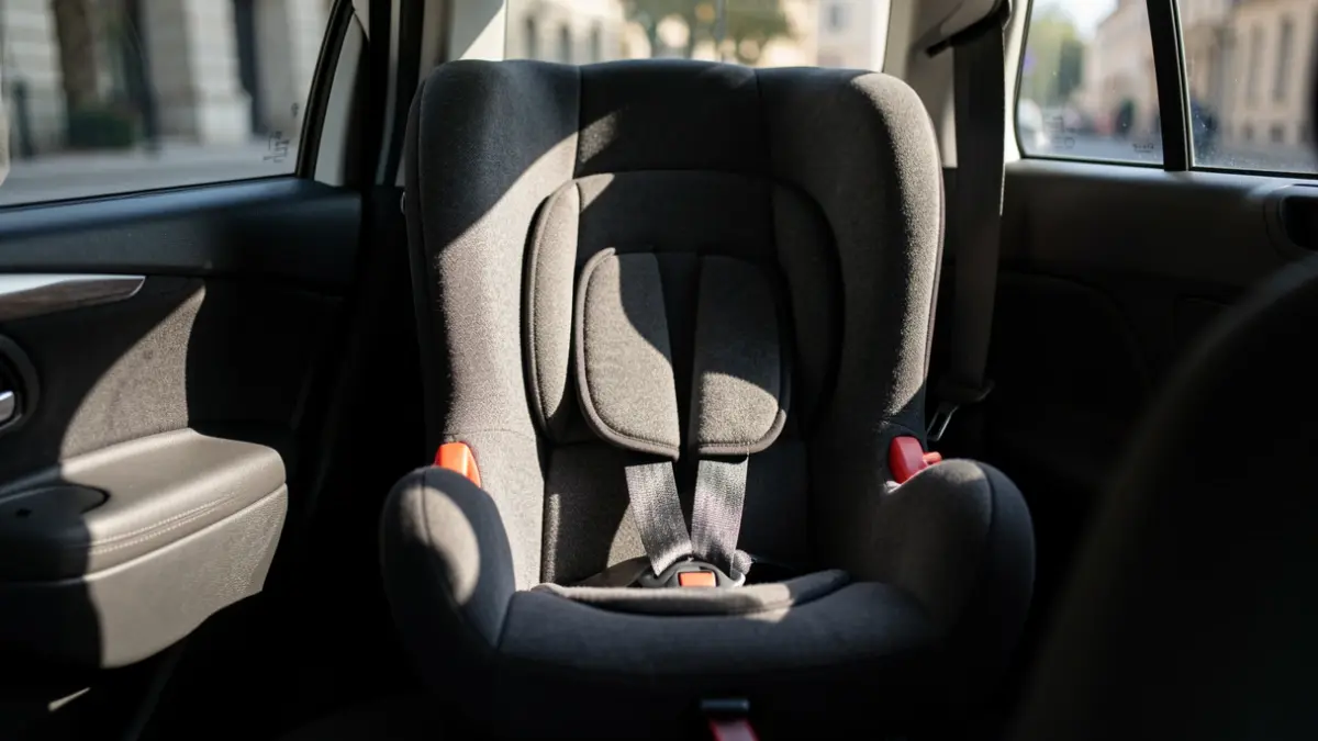 Asento infantil baleiro nun coche baixo a luz do sol.
