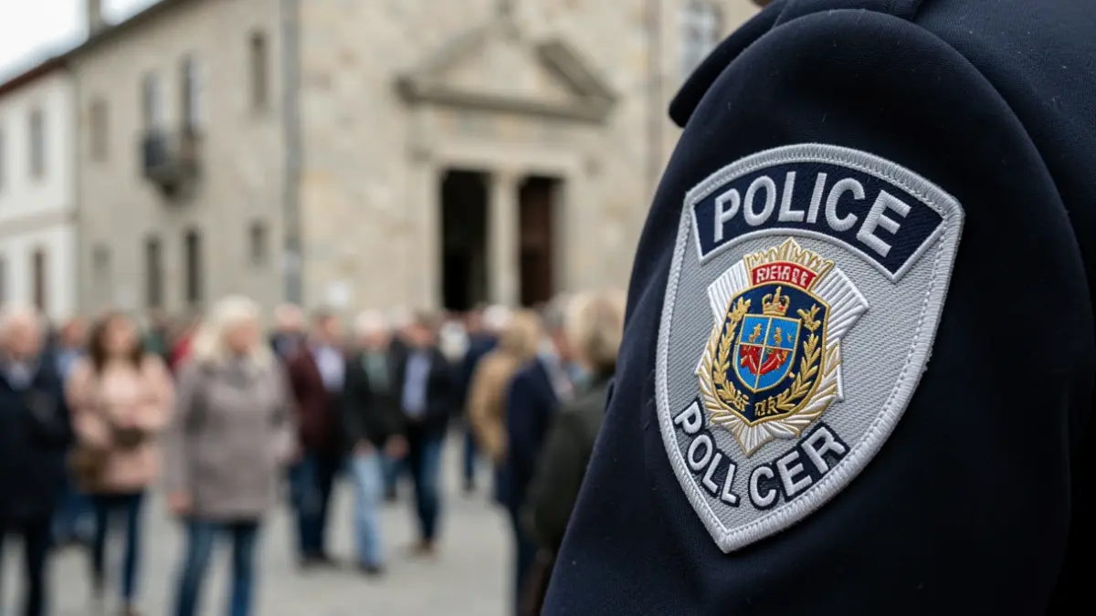 Imagen de una placa policial sobre un uniforme, con fondo desenfocado de un edificio de piedra.