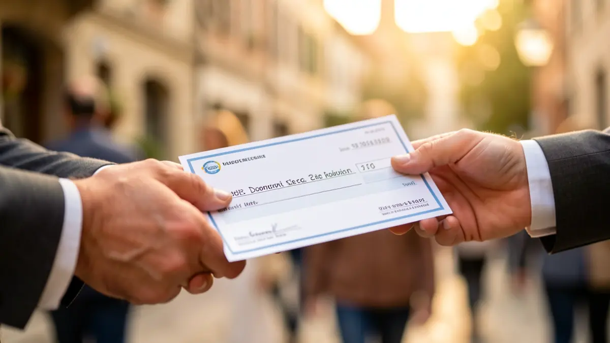 Imaxe dun cheque simbólico sendo entregado, representando unha doazón significativa.