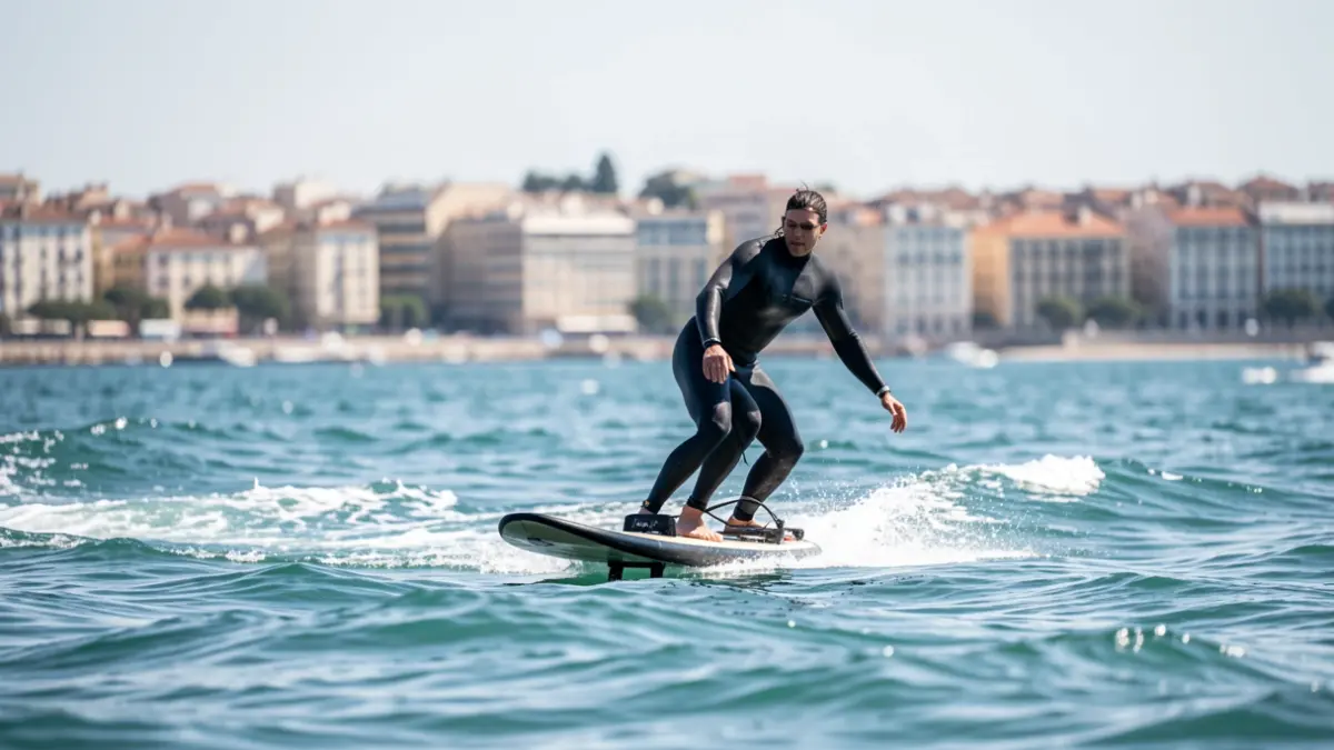 Imagen de un surfista volando sobre el mar con una tabla de surf eléctrica frente a la costa de A Coruña.