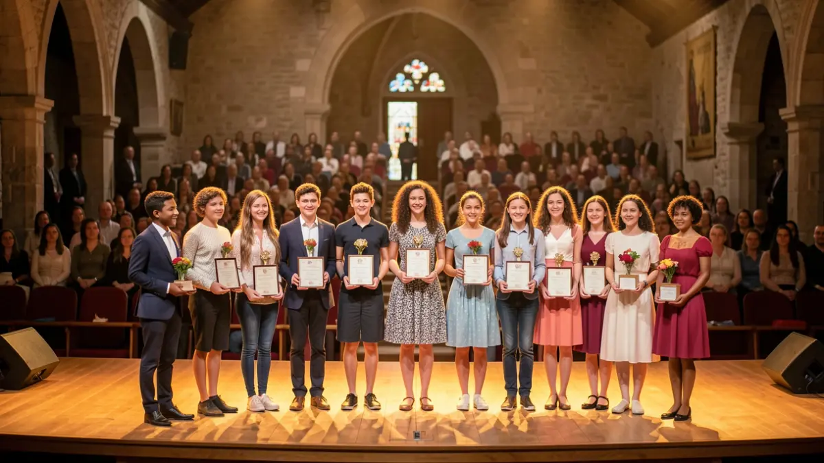 Imagen genérica de jóvenes recibiendo premios en un escenario.