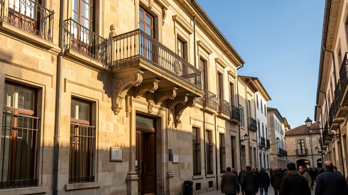 Imaxe xenérica dunha fachada de concello de pedra con balcón ornamentado e ceo azul.