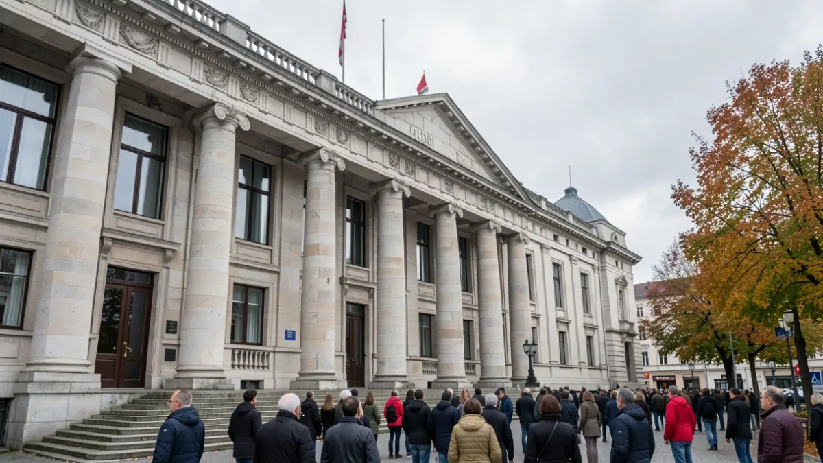 Fachada do Parlamento de Galicia con columnas de pedra e ceo nubrado.