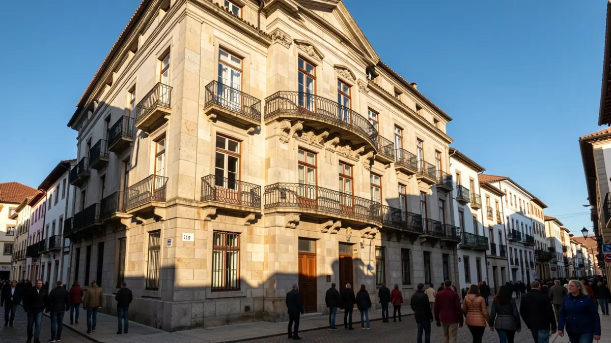 Fachada de granito dun concello galego con balcóns ornamentados e varandas de ferro, á luz do sol da tarde.