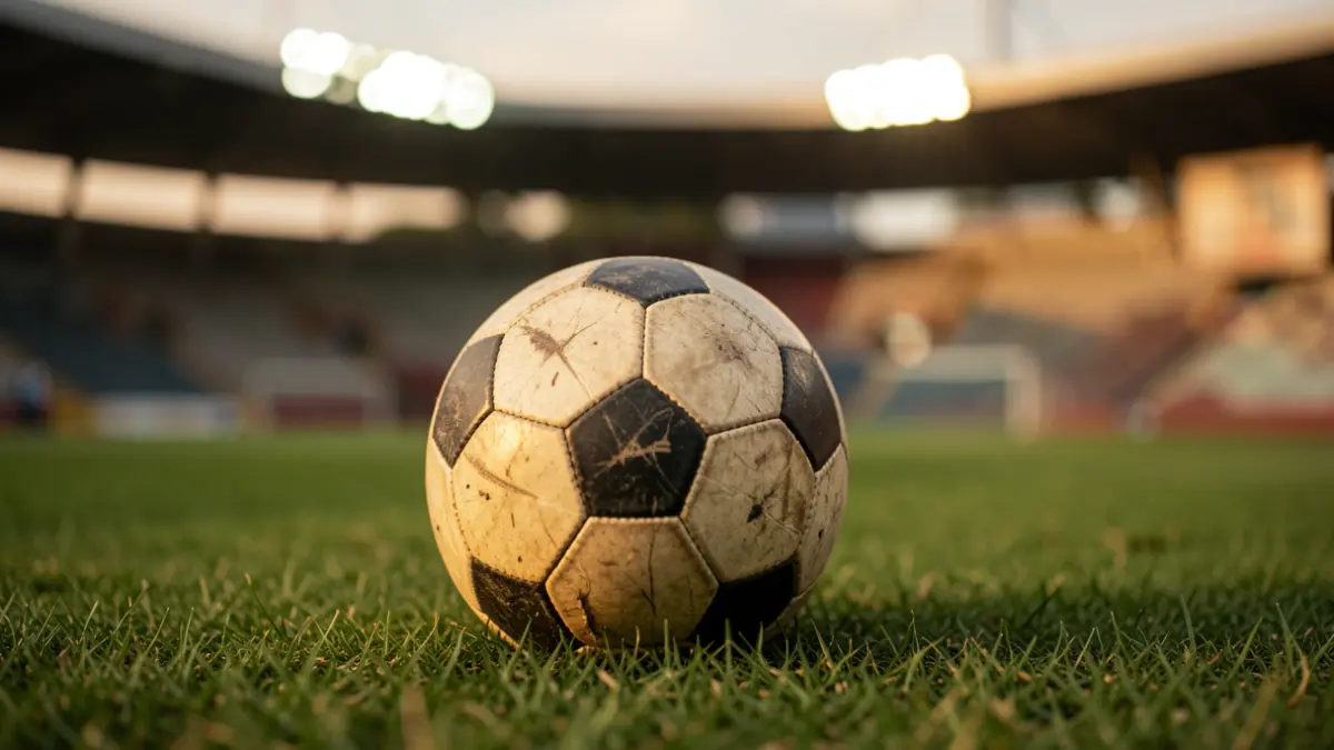 Imagen genérica de un balón de fútbol en un campo con luces de estadio desenfocadas.