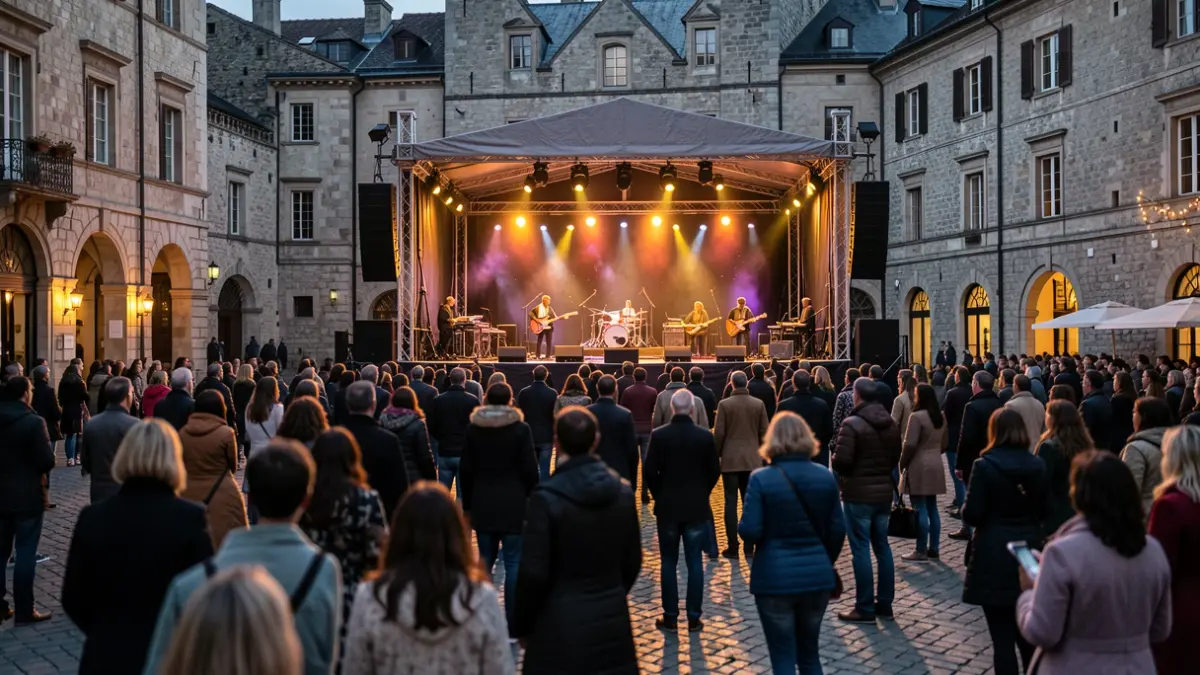 Imagen de un escenario de conciertos en una plaza histórica durante un evento festivo.
